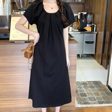 韩版泡泡袖黑色连衣裙女夏季新款休闲慵懒感宽松时尚遮肚显瘦长裙