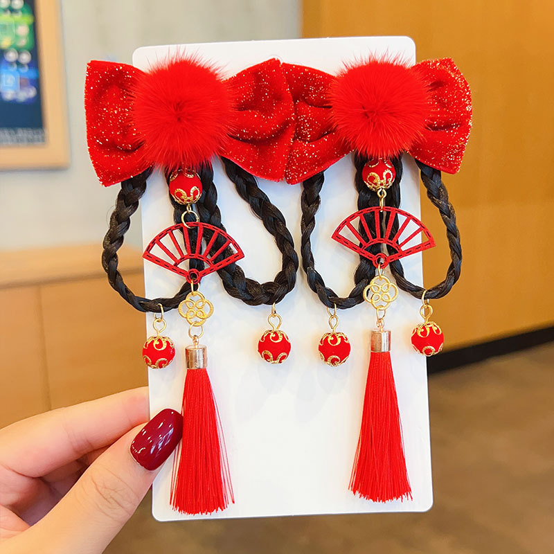 New Year Hair Accessories Children's Han Chinese Costume Headdress Girl's Ancient Style Super Fairy Tassel Wig Braid Barrettes Girl's Ancient Costume Hairpin