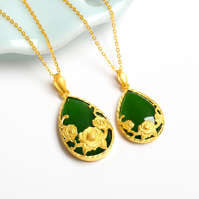 黄金吊坠足金999正品水滴和田玉挂坠金镶玉金项链女款玉坠送妈妈