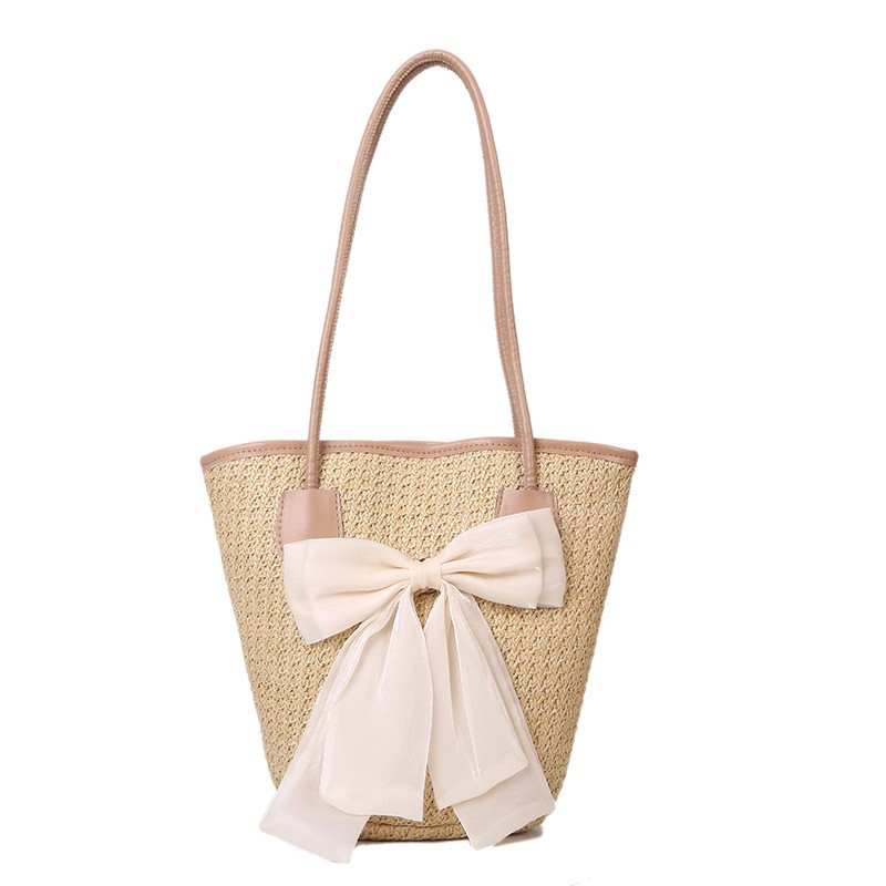 Western Style Straw Woven Bag 2022 Autumn New Bow Woven Bucket Bag Large Capacity Versatile Autumn Travel Shoulder Bag