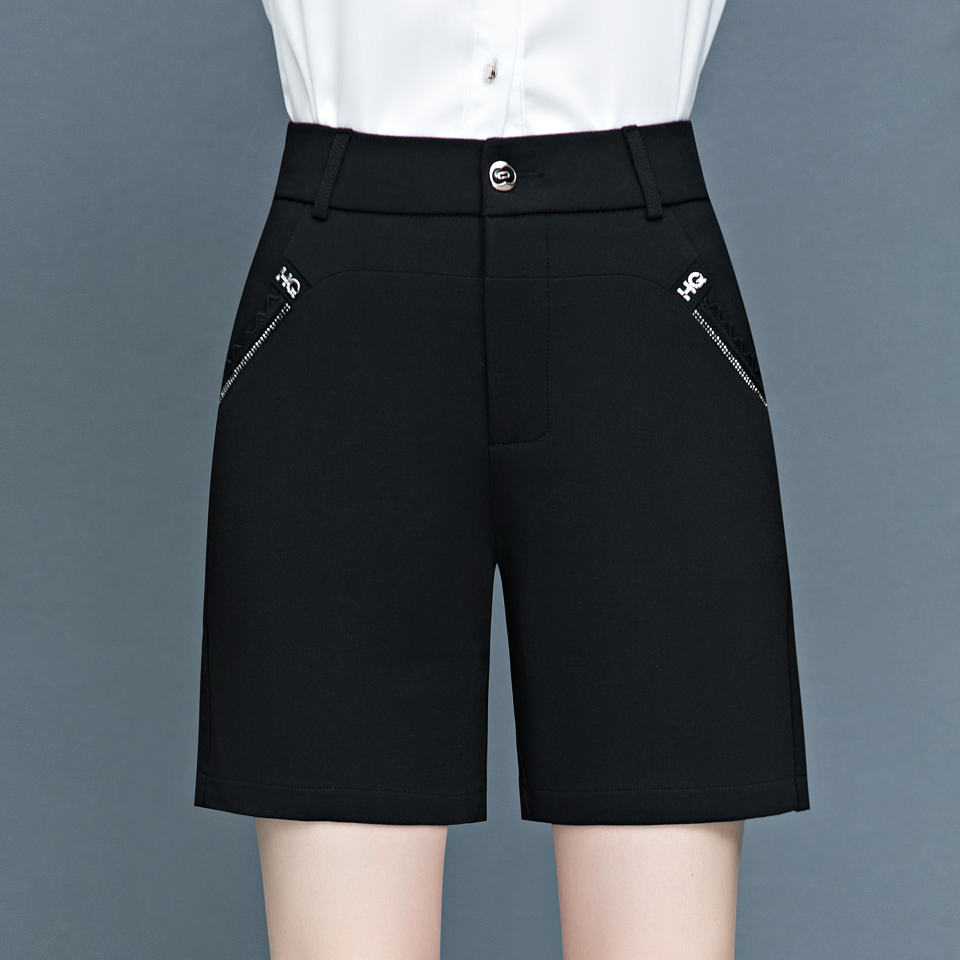 春款弹力宽松显瘦黑色大码西装休闲短裤女中年妈妈外穿打底五分裤