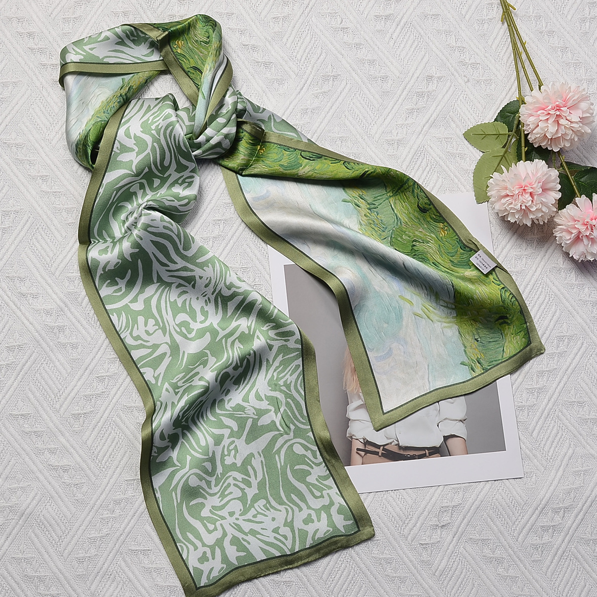 杭州丝绸秋季桑蚕丝丝巾清新油画绿双层双面真丝围巾长条领巾飘带