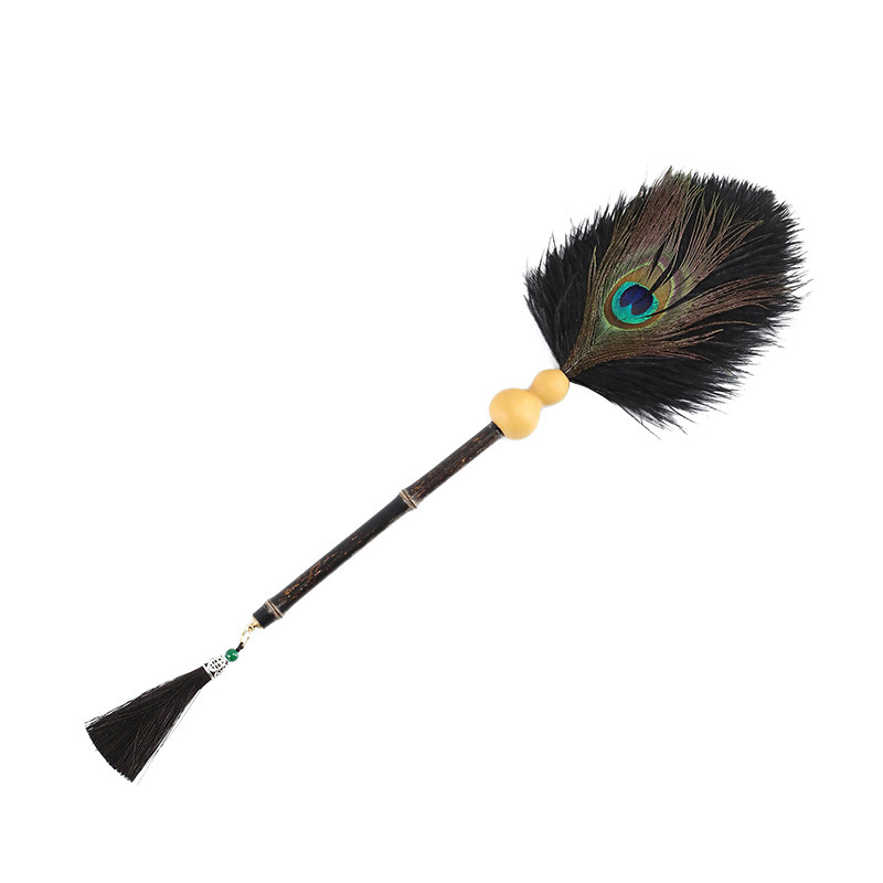 Bamboo Peacock Feather Horsetail Whisk Mottled Bamboo Ostrich Hair Brush Gray Home Tool Bamboo Decorations Feather Duster Duster