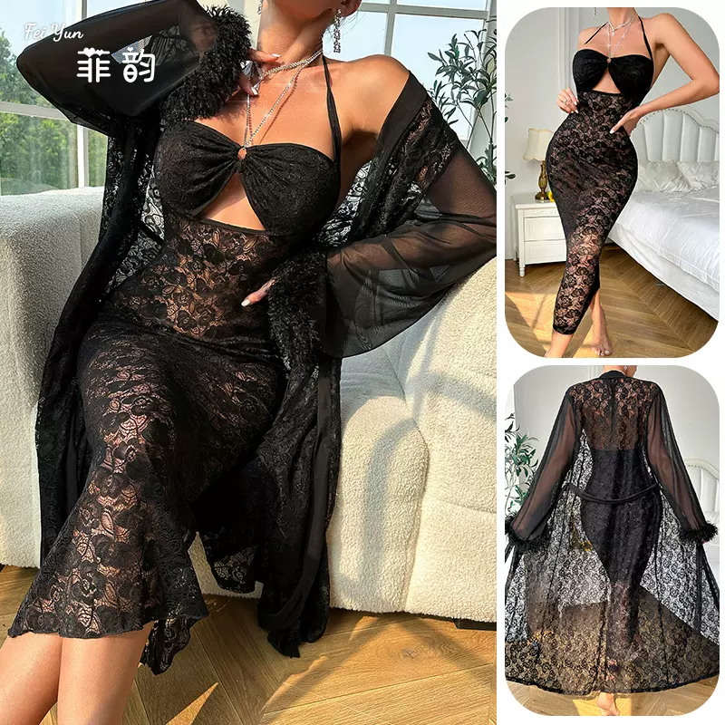 亚马逊爆款蕾丝性感透视情趣挂脖连衣裙套装长款外袍家居服720