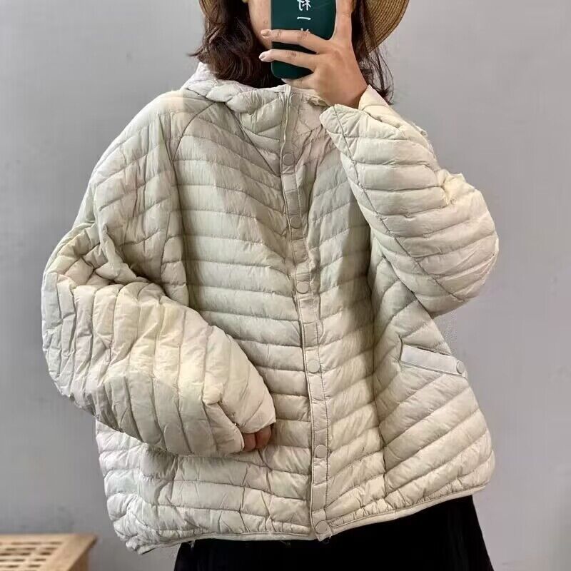 素悠莉冬新款轻薄连帽羽绒服女复古文艺条纹洋气休闲宽松百搭外套