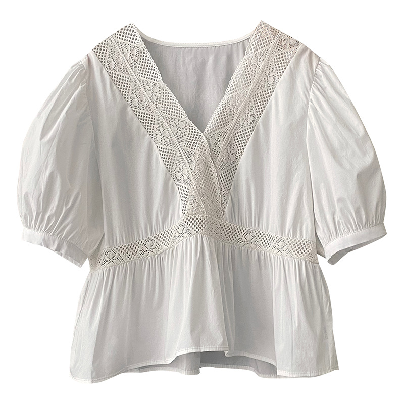 Taochuan [White Moonlight Shirt] Gentle Lace Stitching Shirt Women's Korean Style Hollow Thin Waist-Controlled Top 2258