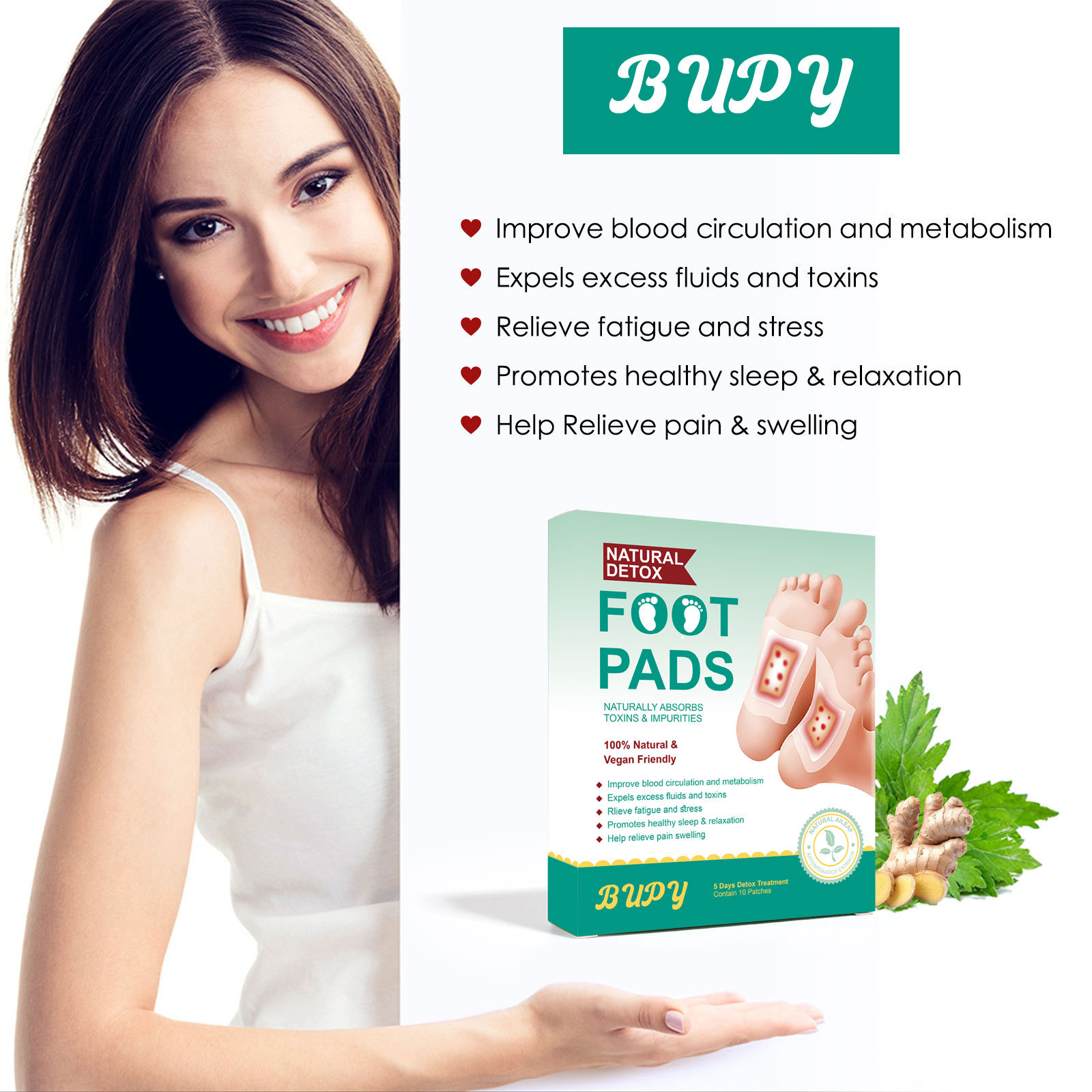 Cross-Border Bupy Argy Wormwood Ginger Foot Patch Footsticker Dehumidifying Help Sleep Foot Care Argy Wormwood Foot Patch Factory Wholesale