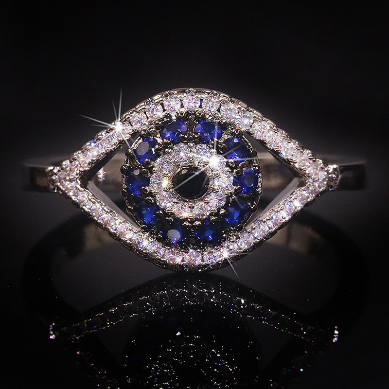 跨境shine恶魔之眼蓝眼睛满镶锆石戒指仿莫桑钻简约个性时尚饰品