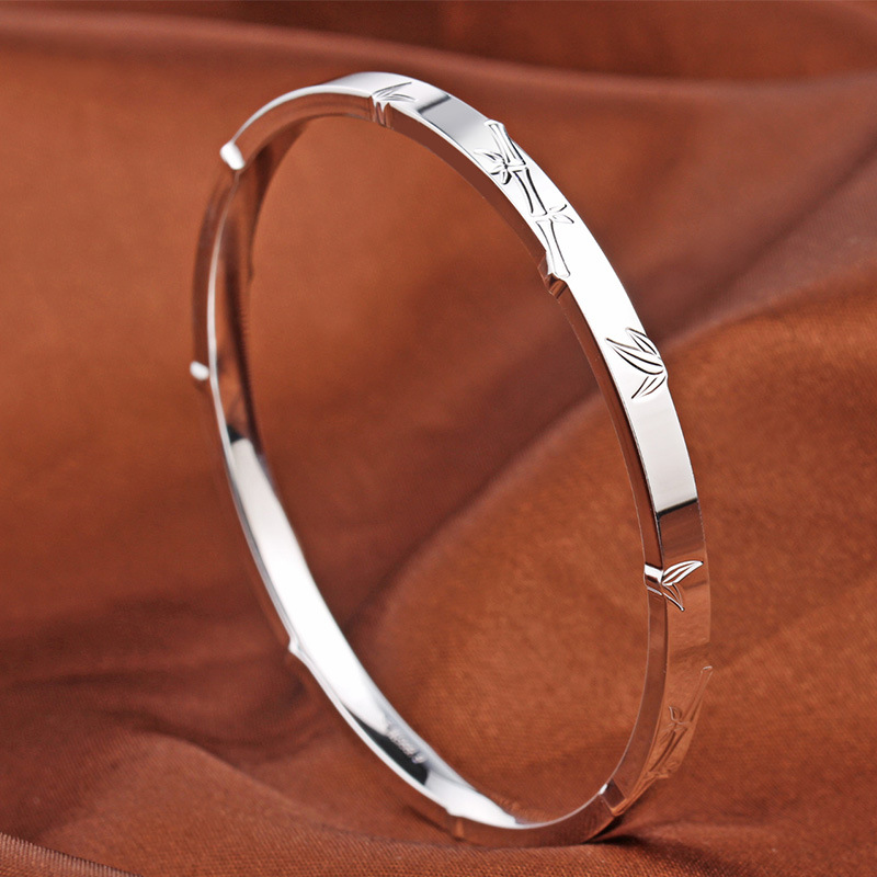 竹子手镯纯银女闭口扁条9999足银年轻款民族风送女友礼物银镯子