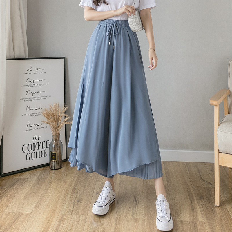 Real Shot Chiffon Wide-Leg Pants Women's 2024 Summer High Waist Culottes Loose Drooping Elegant Cropped Pleated Divided Skirt Women Clothes