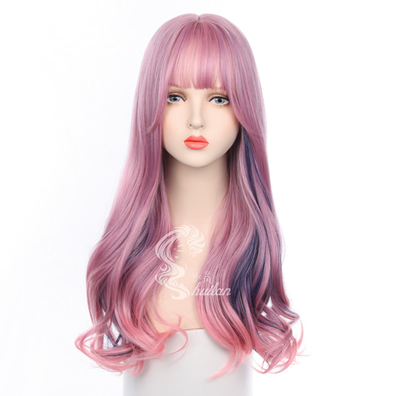 【水岚】新款假发女时尚气质粉蓝挑染长卷发网红jk全头套厂家直销