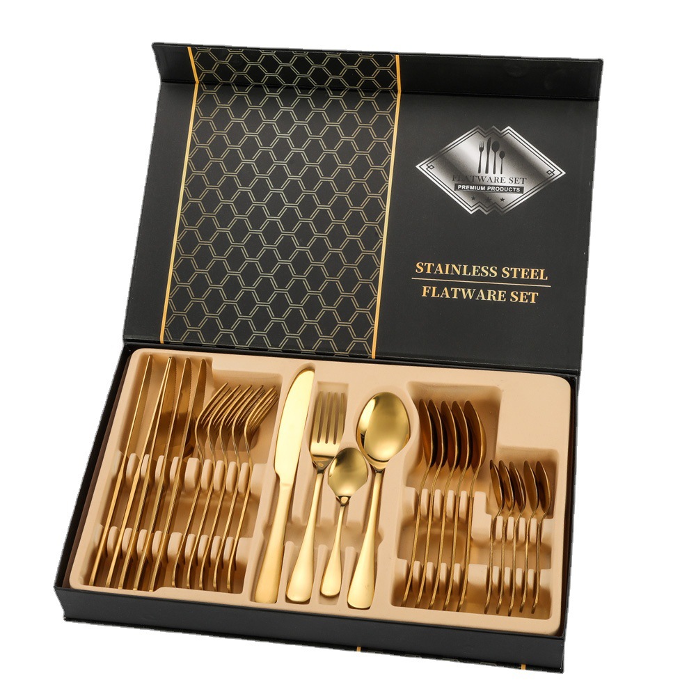 Amazon Hot 1010 Stainless Steel Tableware 24-Piece Set Steak Knife, Fork and Spoon Four Main Pieces Cross-Border Gift Set