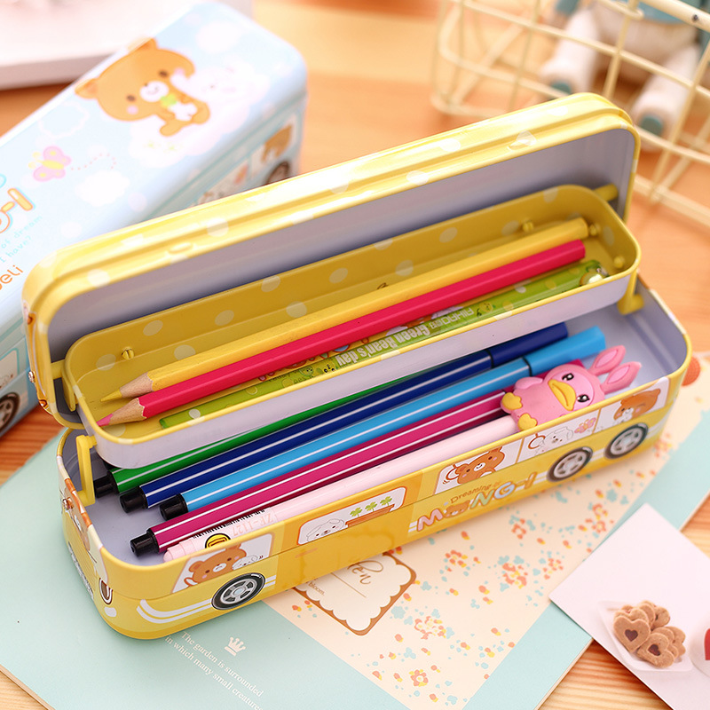 得力三层铁文具盒铅笔盒多功能男女文具盒儿童笔盒 三层 巴士汽车