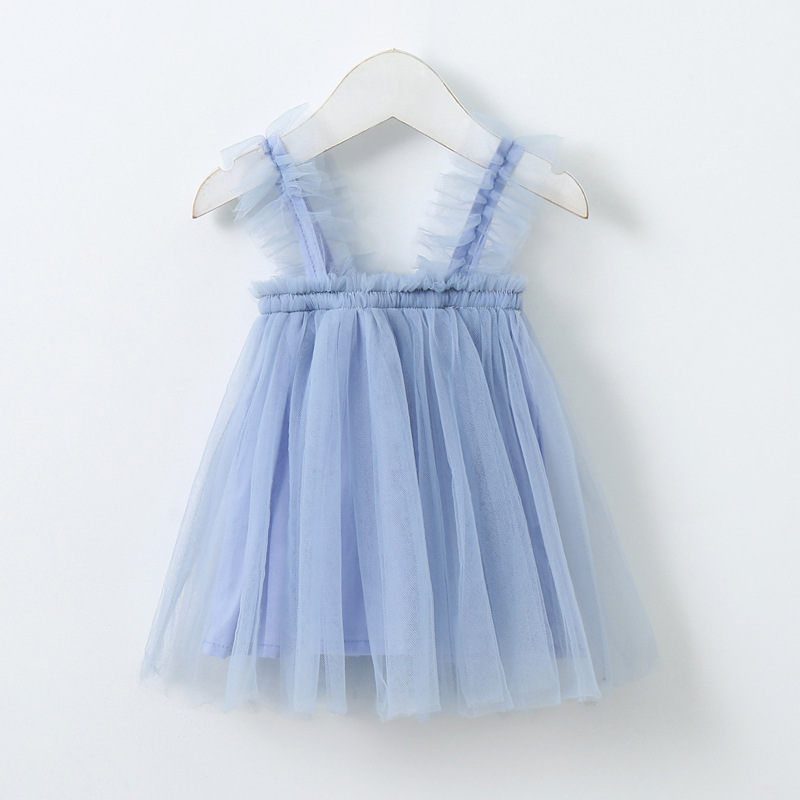 Solid Color Children's Clothing Girl's Strap Skirt Children's Fungus Shoulder Mesh Lace Skirt European and American Pleated Children Shirt Princess Dress