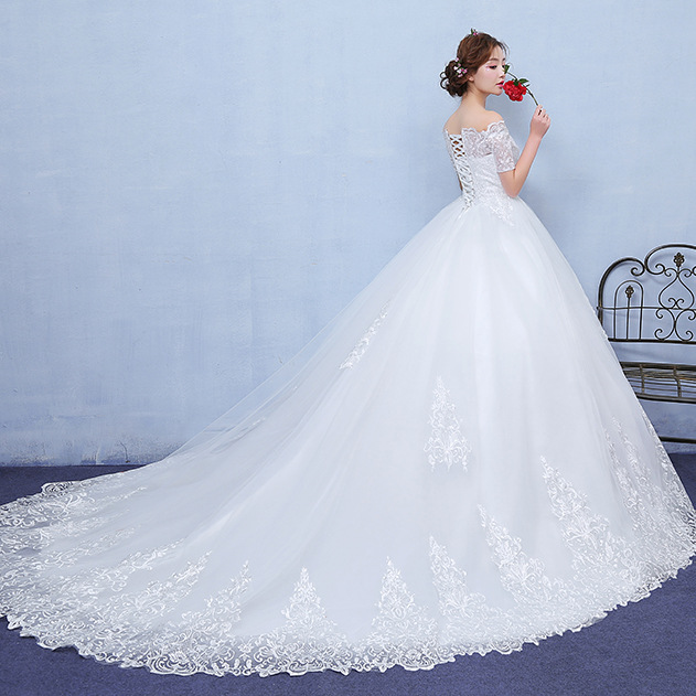 婚纱礼服2021新款一字肩长拖尾公主显瘦奢华齐地韩式甜美中袖婚纱