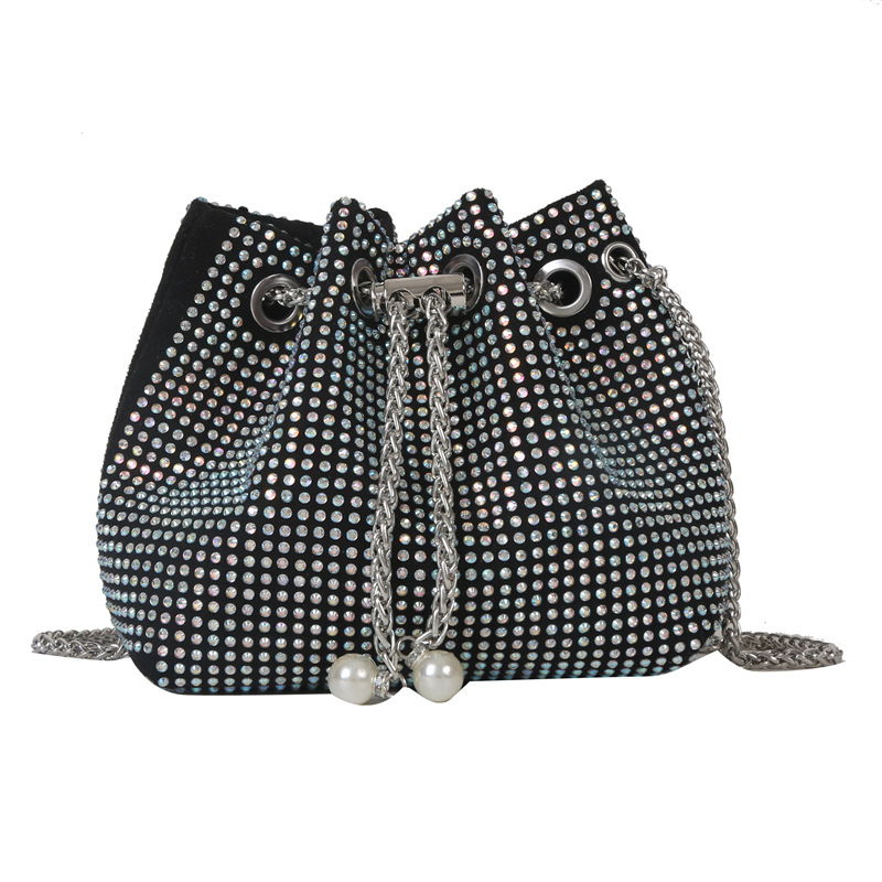 Summer Fashion Ins Shiny Diamond Pull-Belt Small Bucket Bag Female Bag2023 Popular Chain Shoulder Messenger Bag