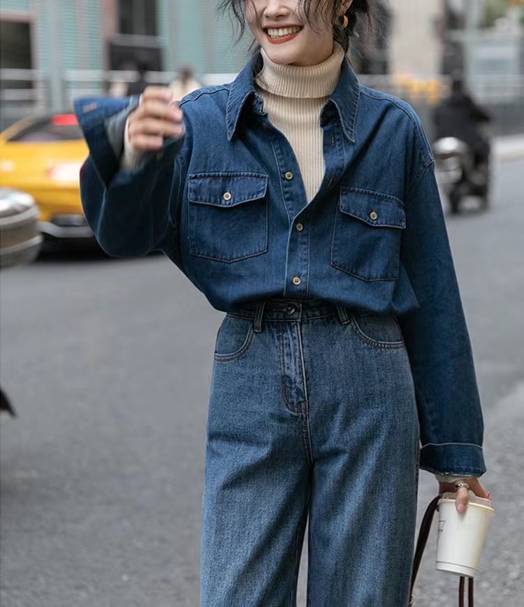 牛仔衬衫女秋季新款洋气叠穿复古港味上衣打底衫内搭长袖衬衣外套