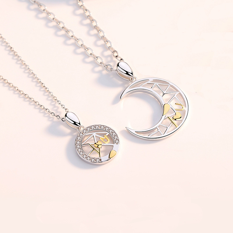 925纯银星星月亮情侣项链女锁骨脖颈链月牙日月吊坠饰品简约批发