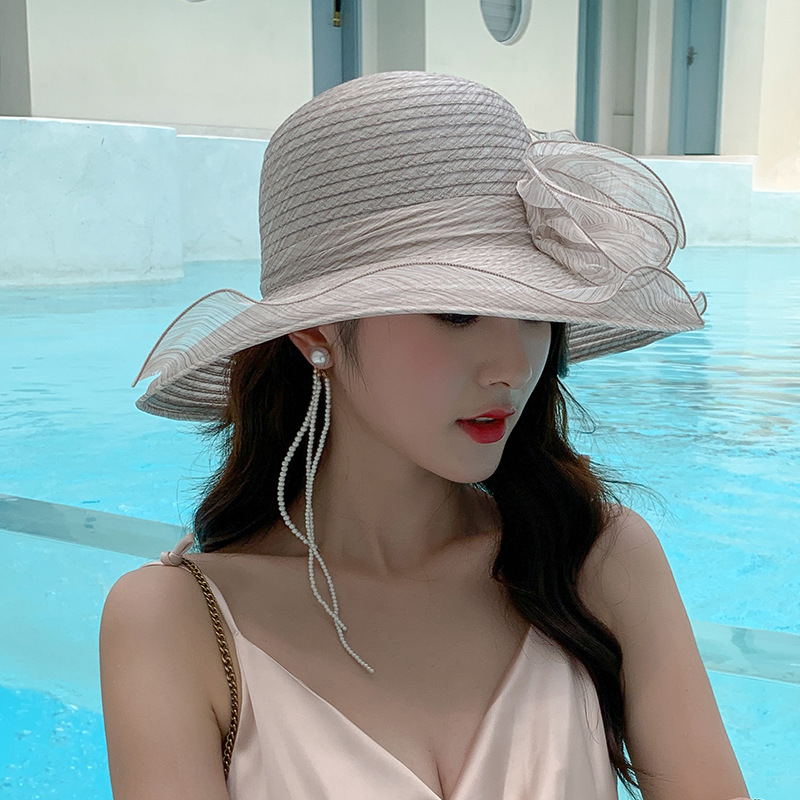 Summer New Women's Organza Flower Big Brim Beach Hat Outdoor Sun-Shade Sun Protection Travel Mesh Fisherman Hat