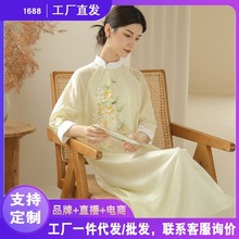 2023女士禅茶服连衣裙新中式国风复古手绘印花裙禅茶赋休闲中代发