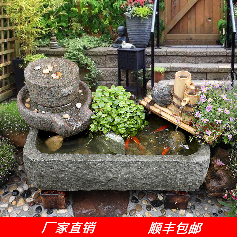 新中式创意庭院石磨循环流水鱼池假山喷泉石槽造景水景观阳台摆件