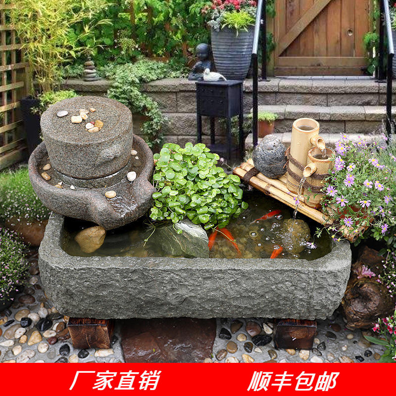 新中式创意庭院石磨循环流水鱼池假山喷泉石槽造景水景观阳台摆件