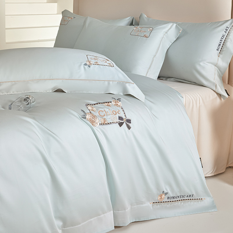 Class a 60 Long-Staple Cotton Pure Cotton Solid Color Embroidery Four-Piece Set Spring and Summer High-End Bedding plus-Sized Fitted Sheet