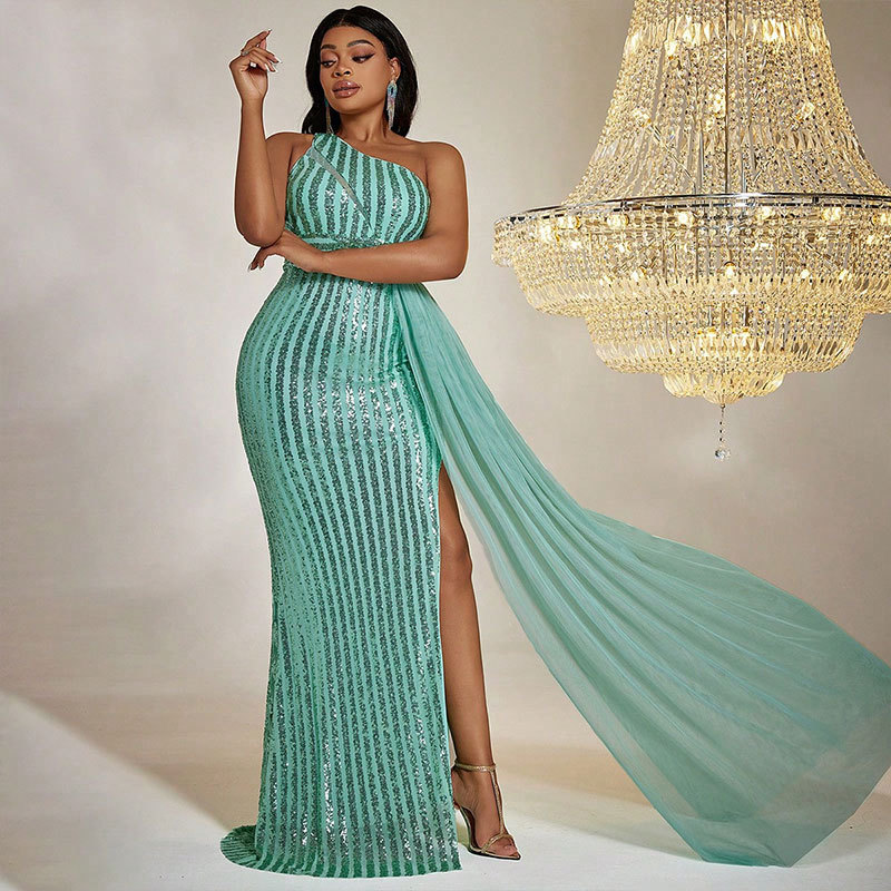 ky580欧美斜肩领连衣裙 外贸跨境亚马逊秋季爆款无袖时尚宴会礼服