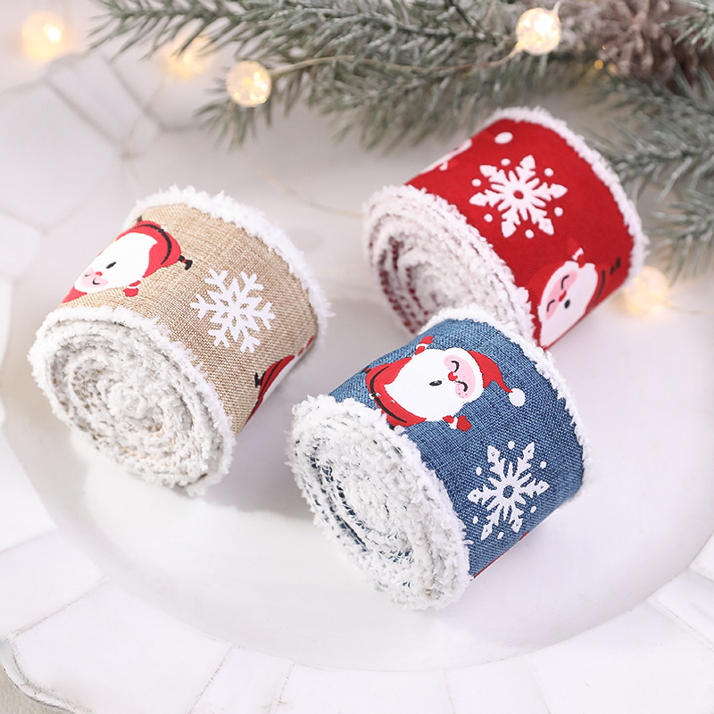 Hong Kong Heng New Christmas Meshbelt Red Santa Claus White Snowflake Imitation Linen Plush Edge Ribbon Gift Box Decorations