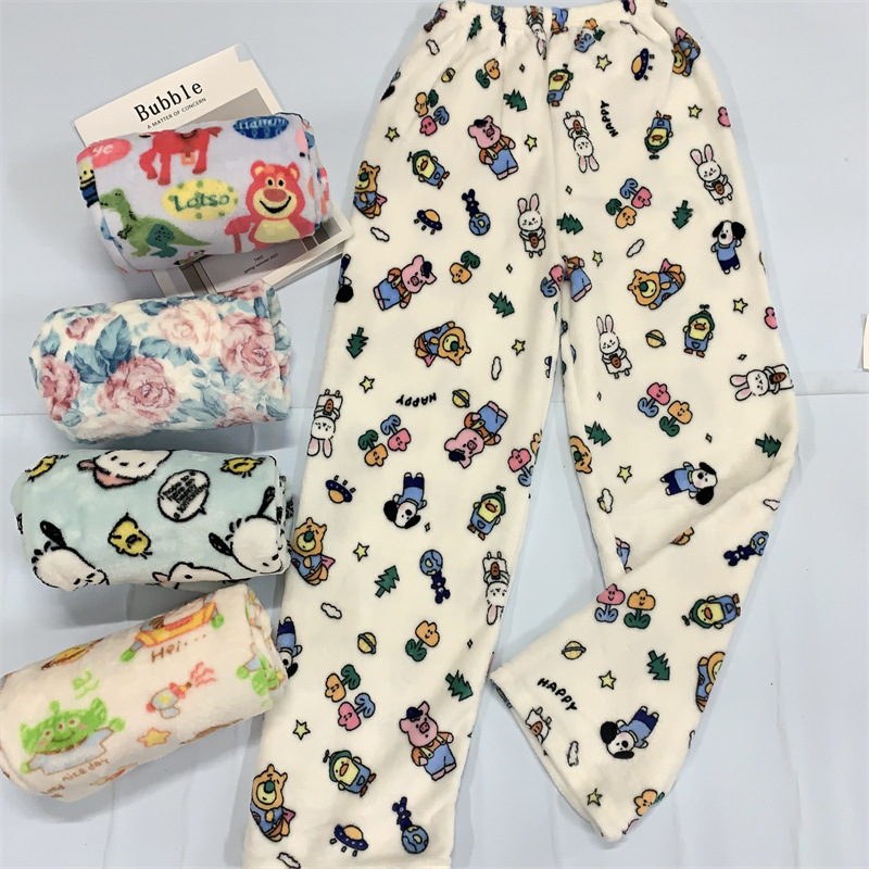 Cartoon Animal World Flannel Internet Celebrity Pajama Pants Women's Autumn and Winter Coral Fleece Thickened Warm Leisure Home Pants