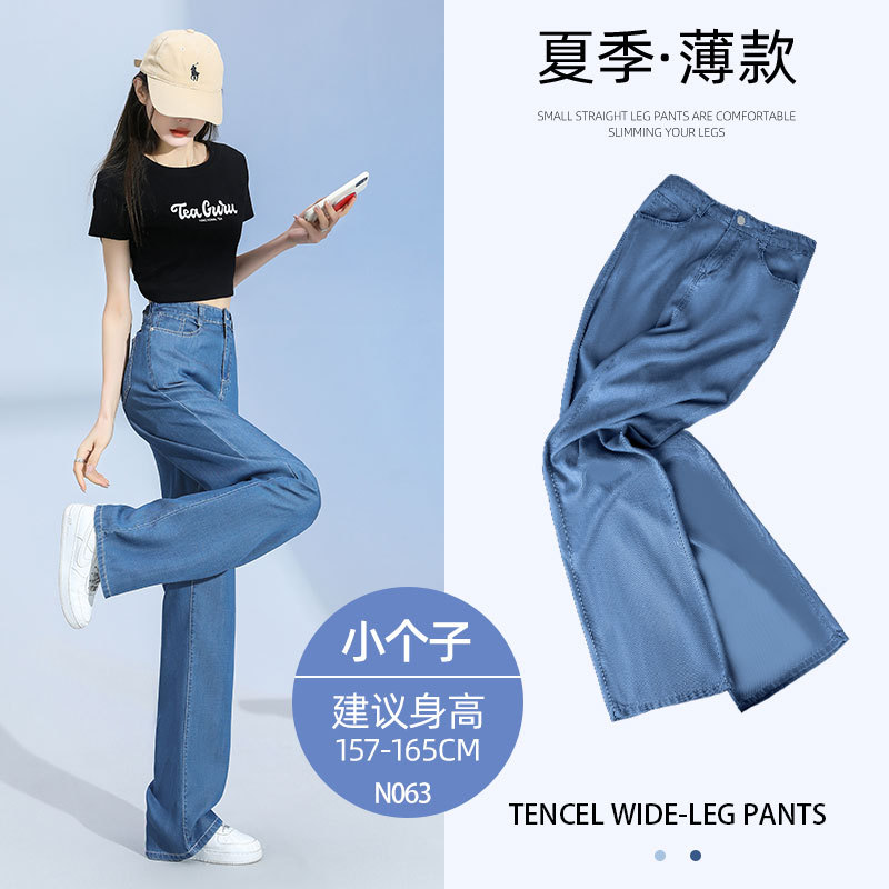 Lyocell Jeans Women's Summer Thin High Waist Drooping Straight Loose Slimming Small Narrow Version Ice Silk Wide-Leg Pants