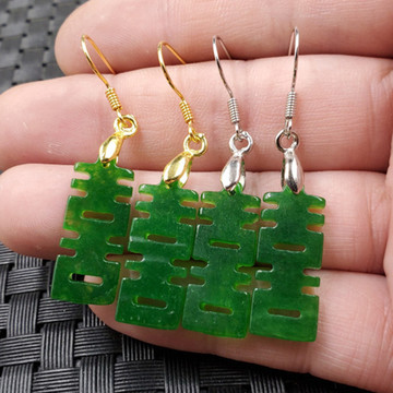 玉石耳环翠绿色干青双喜耳环碧绿色双喜耳坠阳绿耳坠石英岩玉耳饰