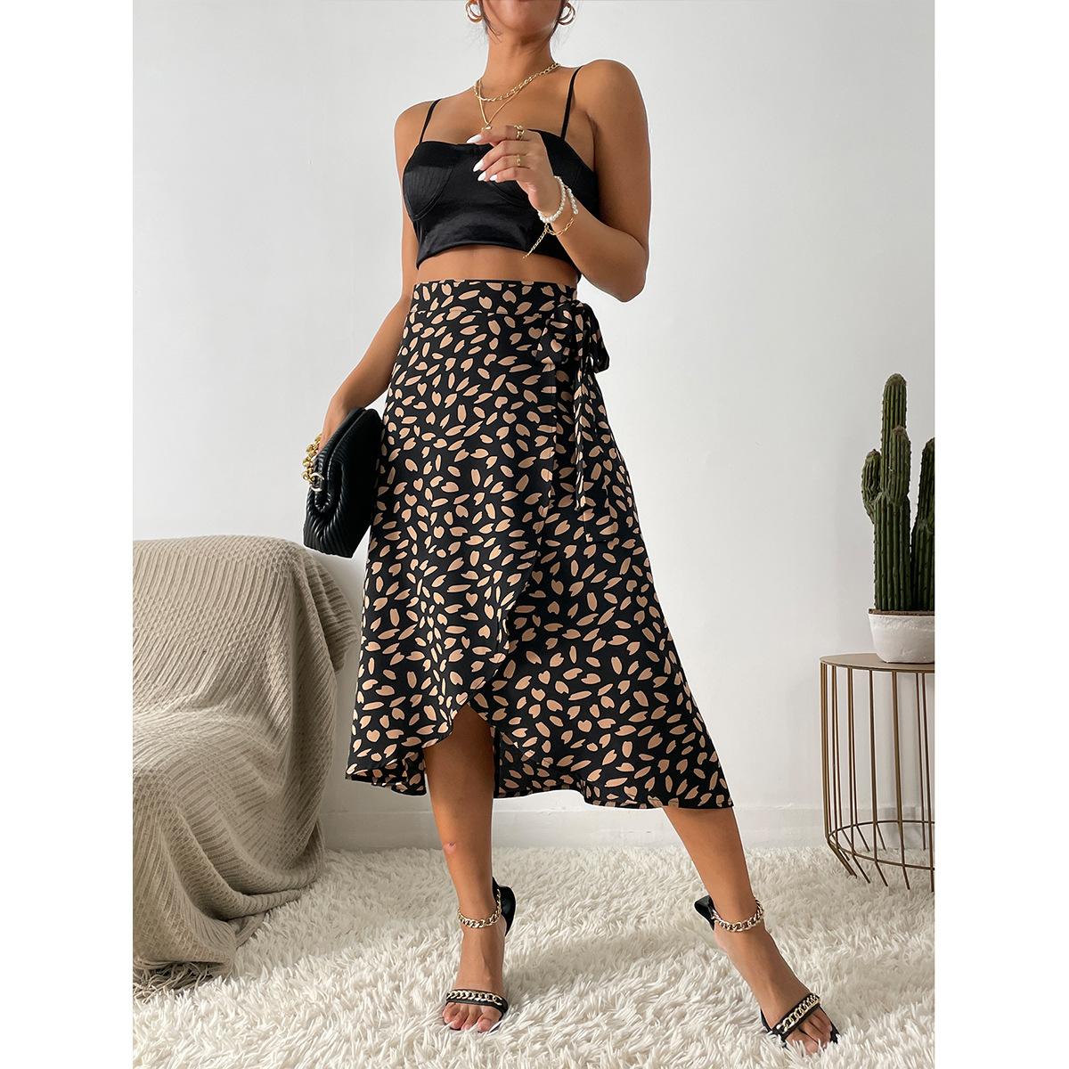 Amazon Cross-Border Women's Clothing European and American Casual All-Matching Graceful Polka Dot Floral Print Slit Skirt Fashion