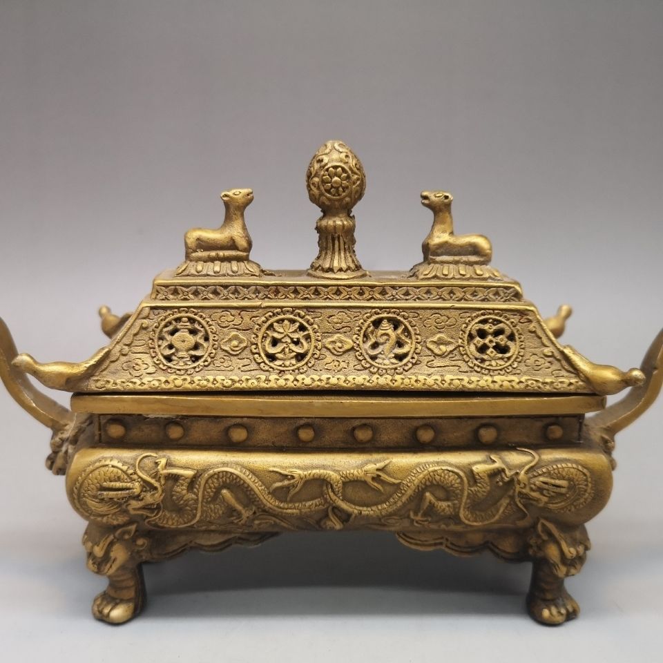 纯铜双羊争辉香炉摆件黄铜藏炉聚宝铜香炉家居装饰工艺品礼品