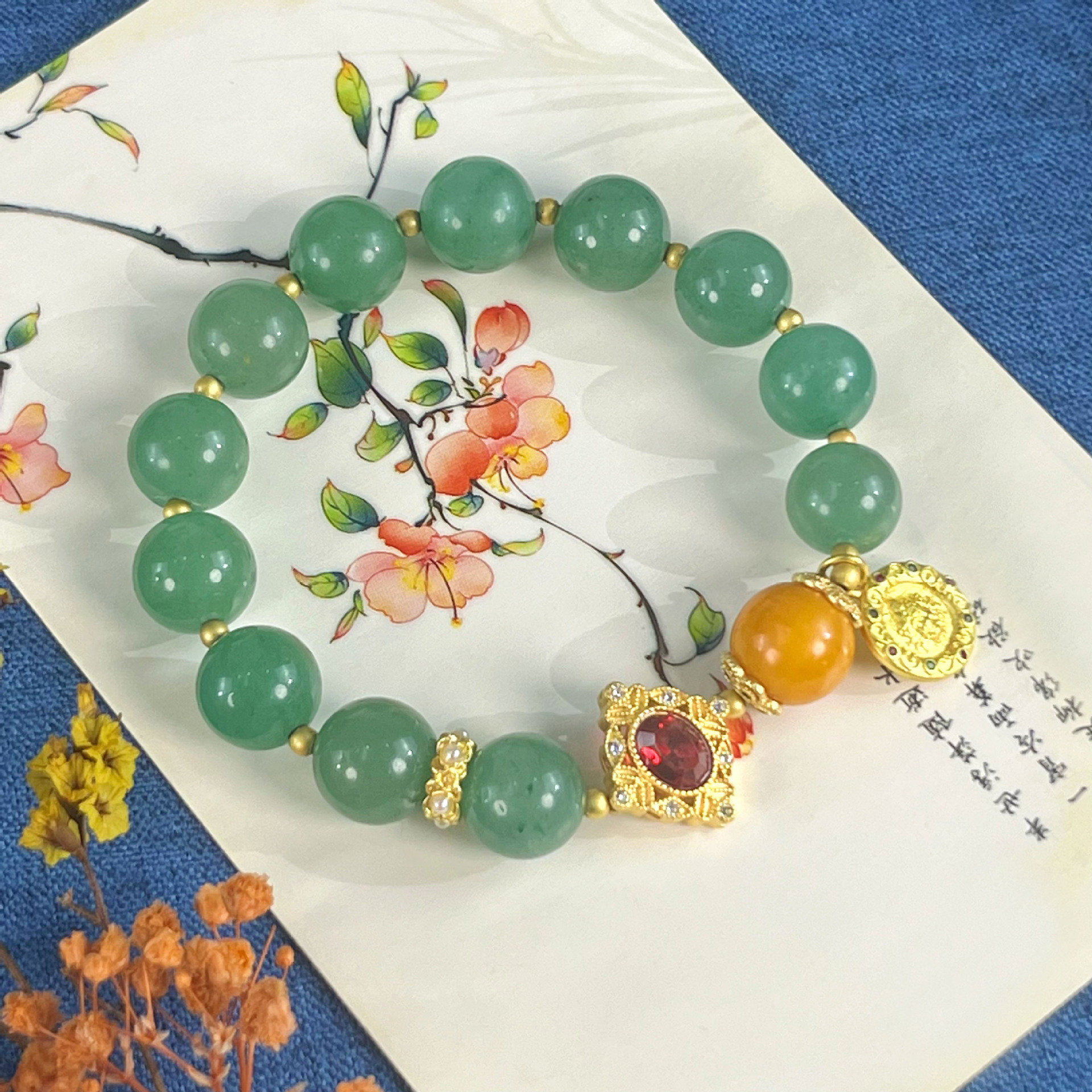 翠绿翡翠色天然东陵玉手链ins小众设计女复古民族风百搭单圈手串