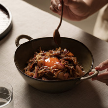 日式复古粗陶双耳汤碗拉面碗哑光色泽实用沙拉盘家用拉面碗烤碗盘