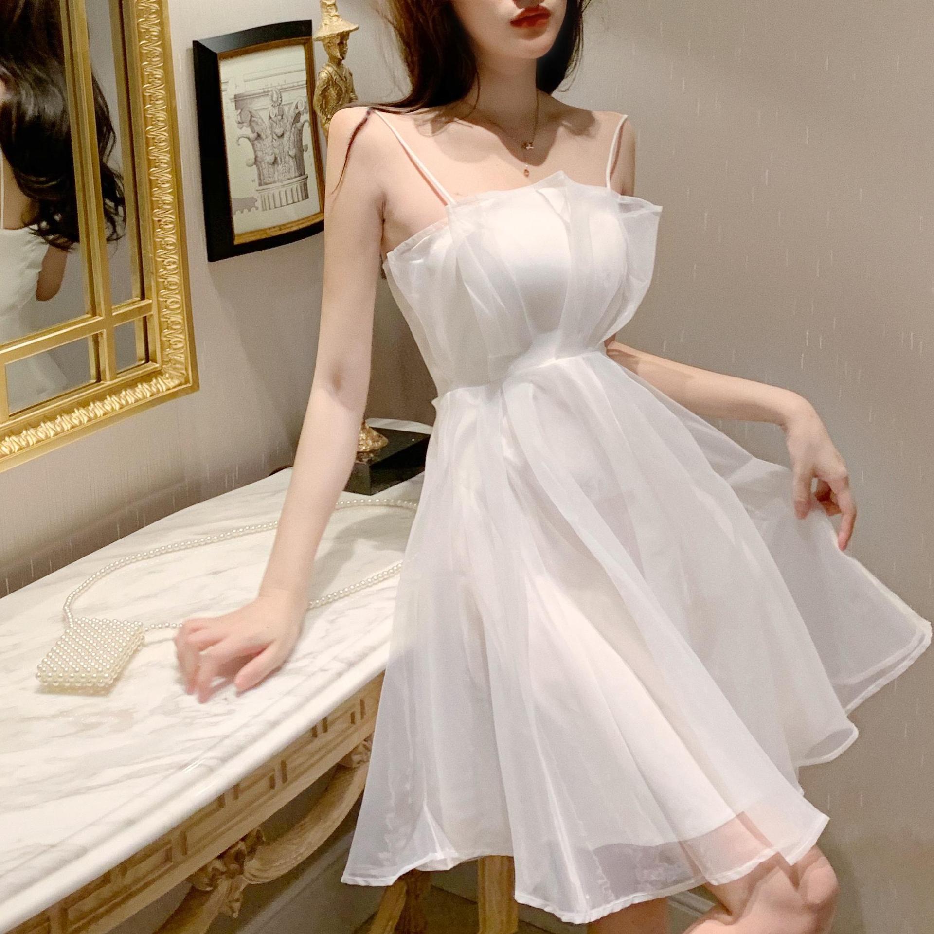 笙脽夏季新款性感抹胸吊带连衣裙气质欧根纱短裙收腰a字裙子女装