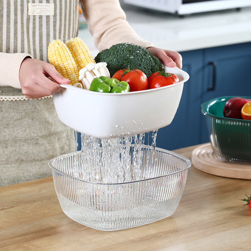 Square Double-Layer Drain Washing Basket Household Washing Vegetables Basin Multi-Functional Fruit Water Filter Frame Kitchen Shelf 0714