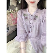 新中式清冷感复古刺绣衬衫女夏季设计感小众气质宽松圆领长袖上衣