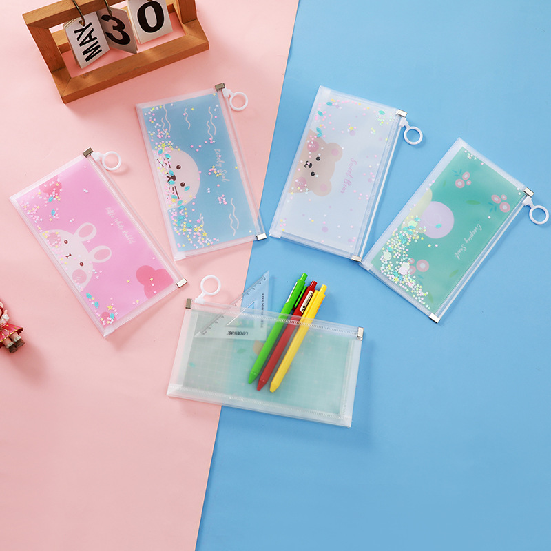 Spot Pp Quicksand Pencil Case Sequins Student Cartoon B6 File Bag Transparent Edge Sliding Bag Stationery Storage Bag Wholesale