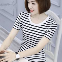 棉条纹短袖T恤女夏季2024年新款韩版修身显瘦圆领女士体恤上衣