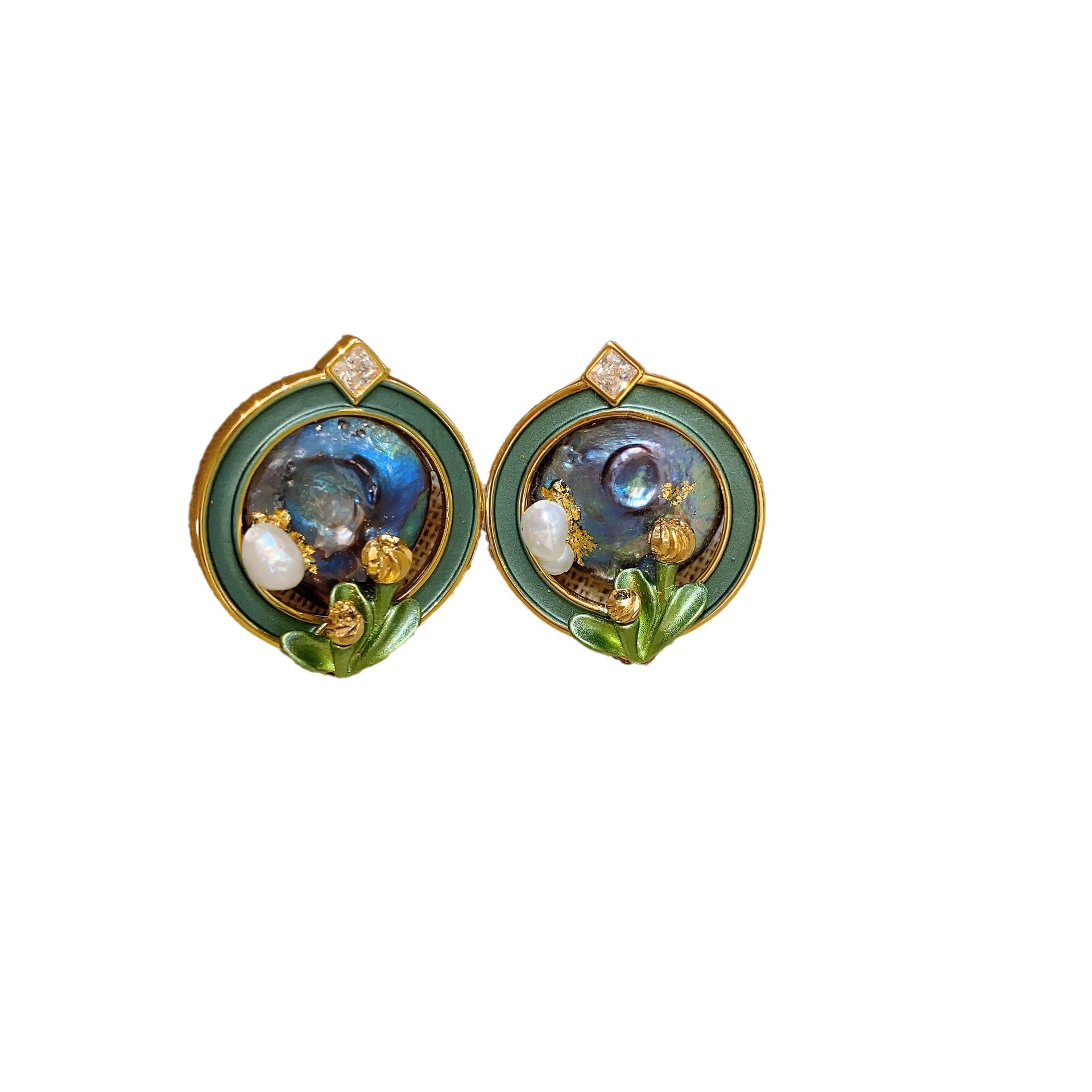 Retro Stud Earrings Enamel Vintage Antique French Oil Painting Art Painted Enamel Flower Pearl Earrings Women