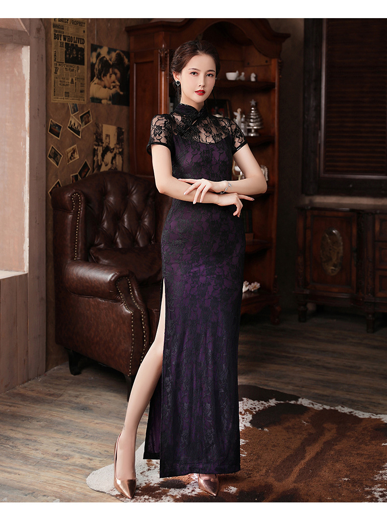 2021新款夜上海滩复古改良舞蹈旗袍蕾丝长款高开舞台走秀演出服