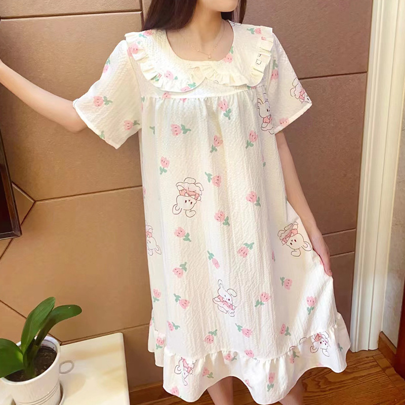 New Peter Pan Collar Nightdress Women's Summer Short-Sleeved Cloud Cotton Breathable Sweet Cotton Student Summer Pajamas Can Be Worn outside