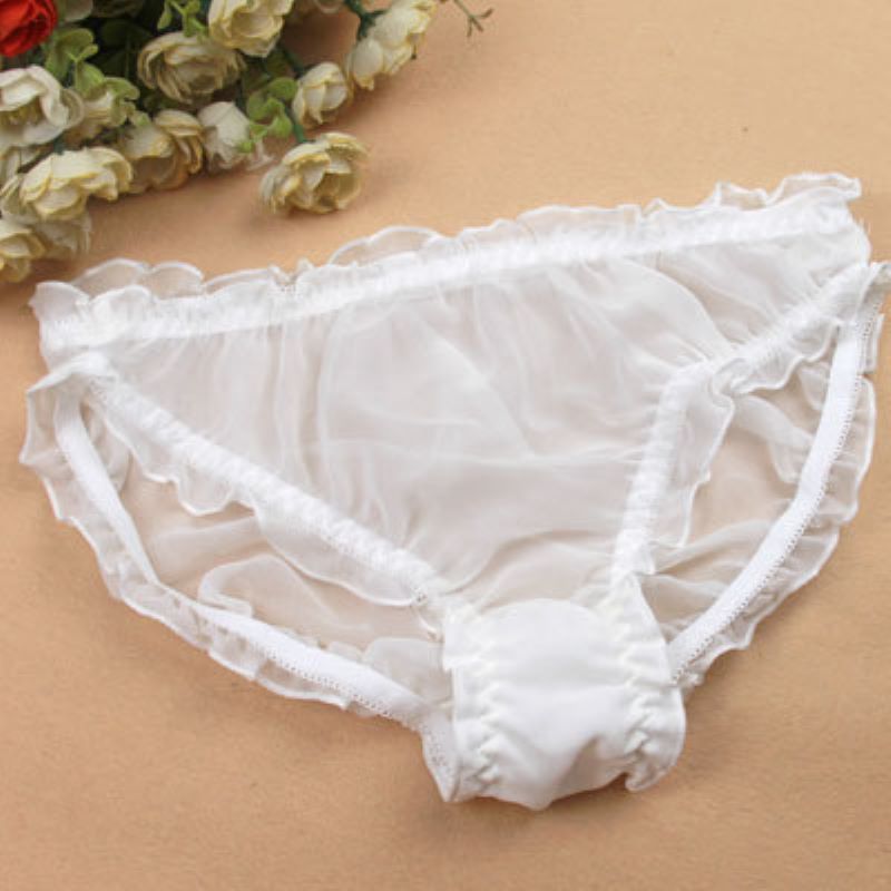 女士性感透明真丝内裤舒适荷叶边乔其纱中腰三角裤女速干透气薄款