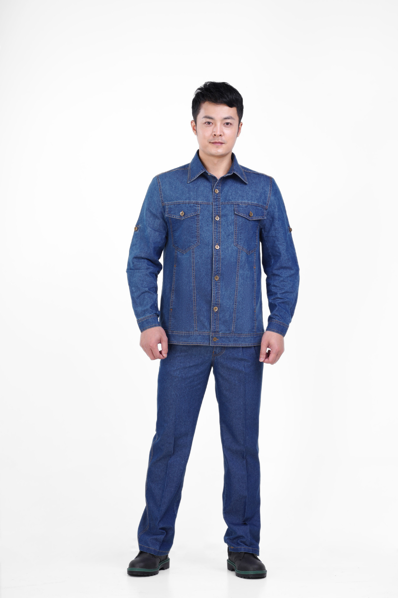 夏季长袖牛仔工作服套装防火花焊工电焊服劳保服工装厂服工服印字