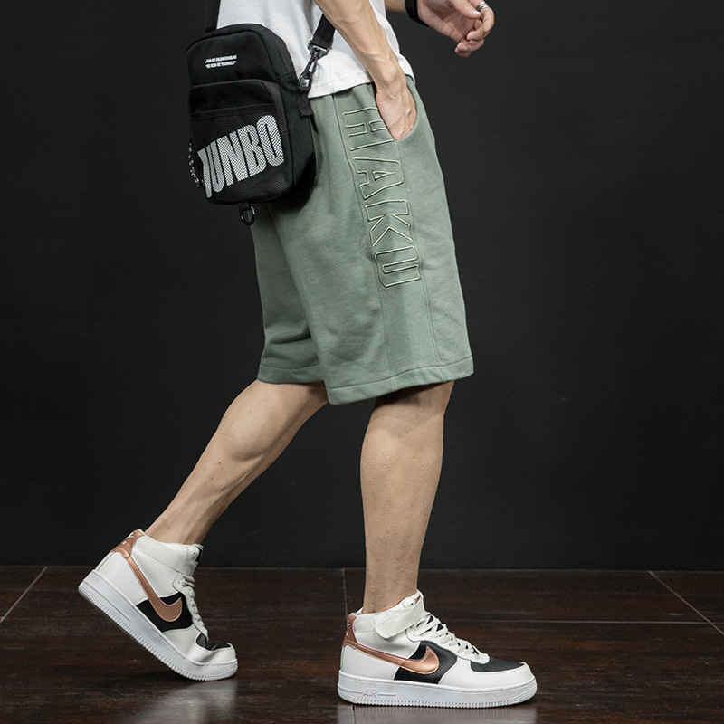 夏季休闲短裤男士宽松直筒ins潮流刺绣棉5分裤运动百搭五分裤子男