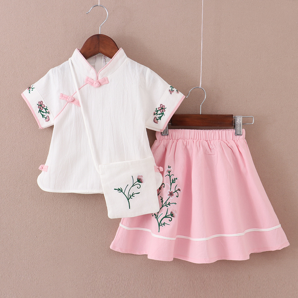 新款 儿童 汉服夏棉麻春季宝宝唐装风复古俩件套女童民国风套装夏