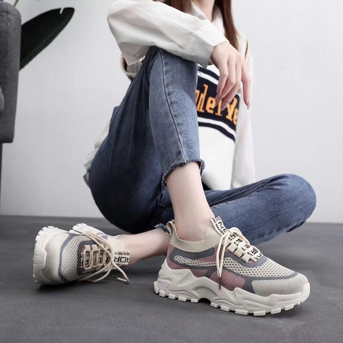 [New April] Women's Dad Shoes Socks Women's Shoes Soft Bottom Lightweight Breathable Sneaker Women's Flying Woven Women's Shoes