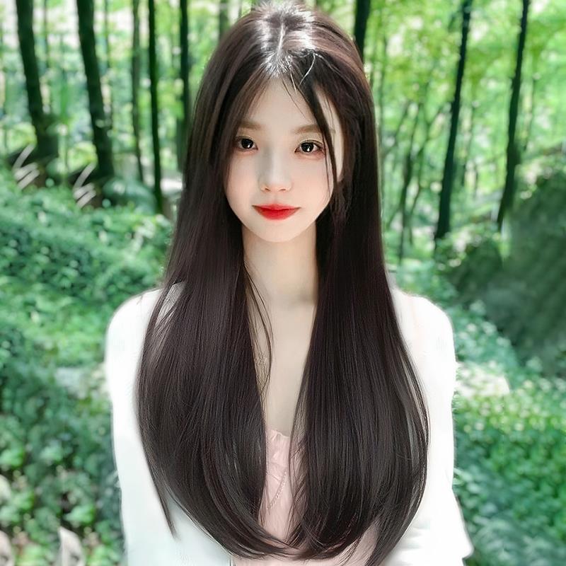 星程假发女黑棕色长发自然中分八字刘海网红日常修脸黑长直全头套